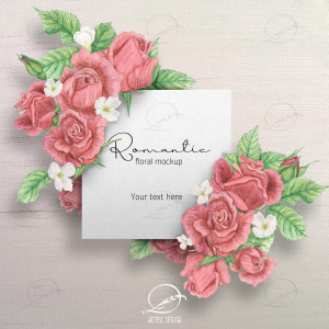 mockup romantico cartão branco com rosas