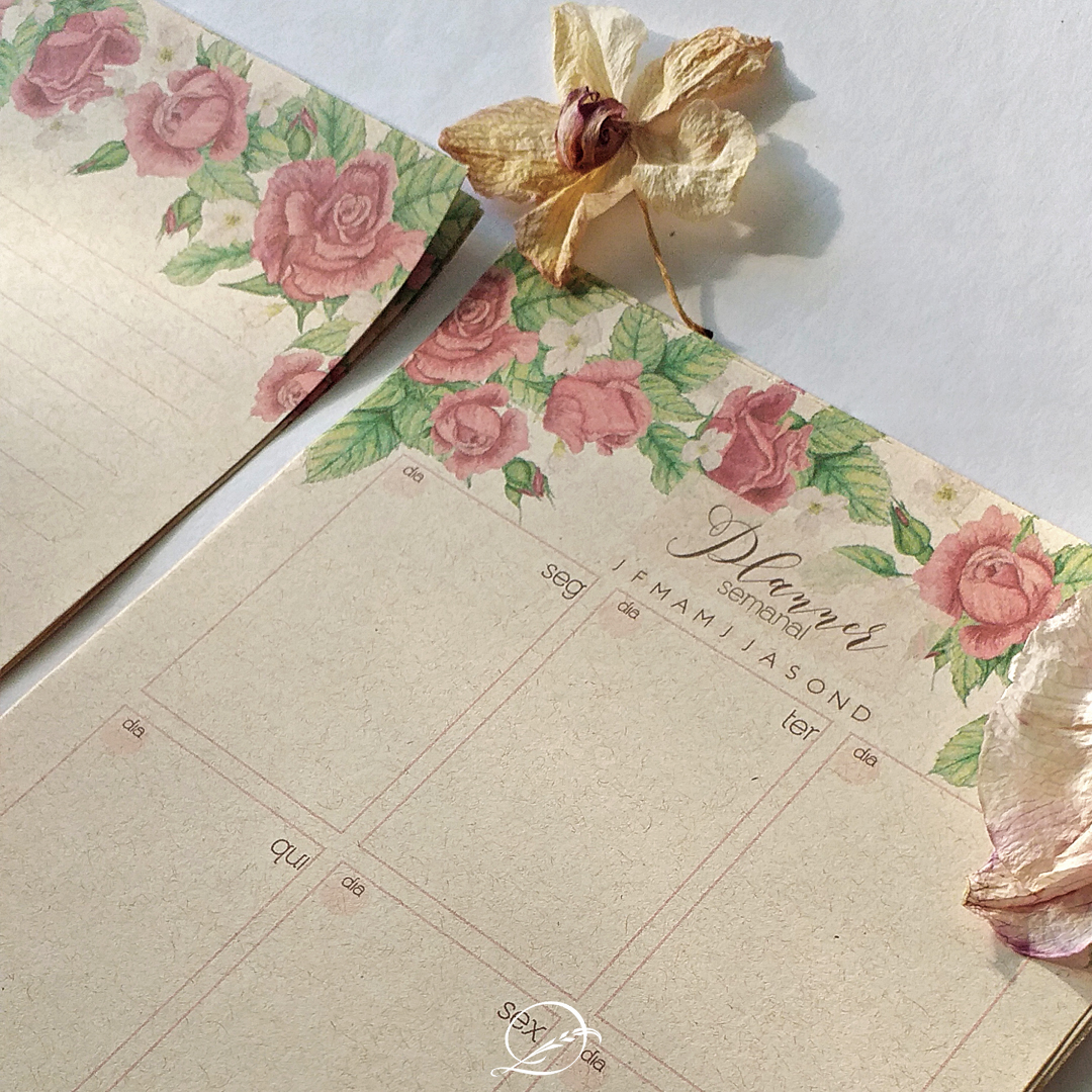 kit presente papelaria 1 - floral rosa - planner semanal folhas avulsas