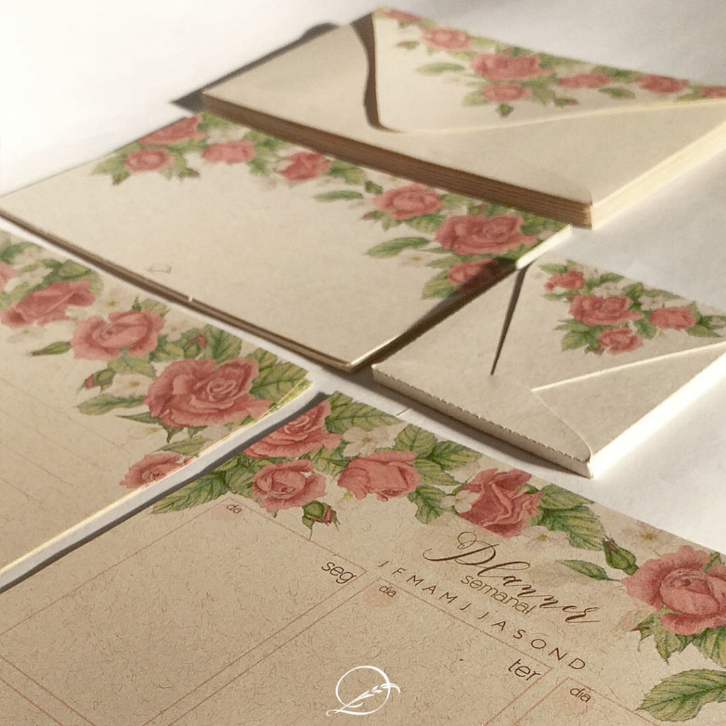 kit presente papelaria 1 - floral rosa - envelope, cartão de felicitação, tag para presente