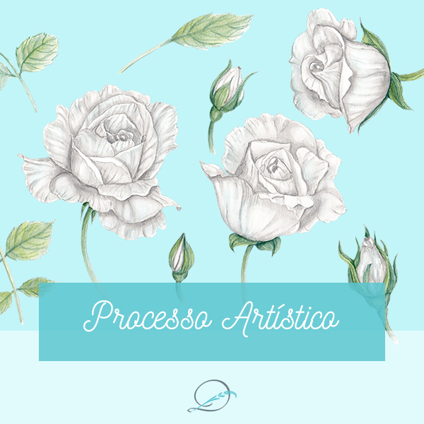 Processo artístico - elementos florais rosas brancas - desenho e aquarela
