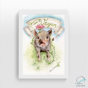 Pintura em aquarela original - porquinho sou vegan - com moldura